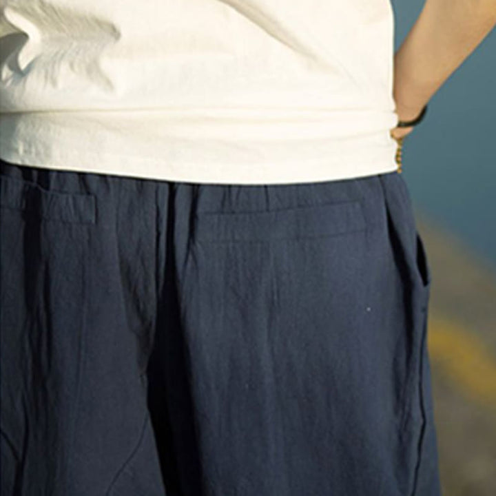 Pantalones de lino y algodón con diseño plisado de Buddha Stones para hombre, de verano, con cordón ajustable, de largo 7-8 y bolsillos - image 17
