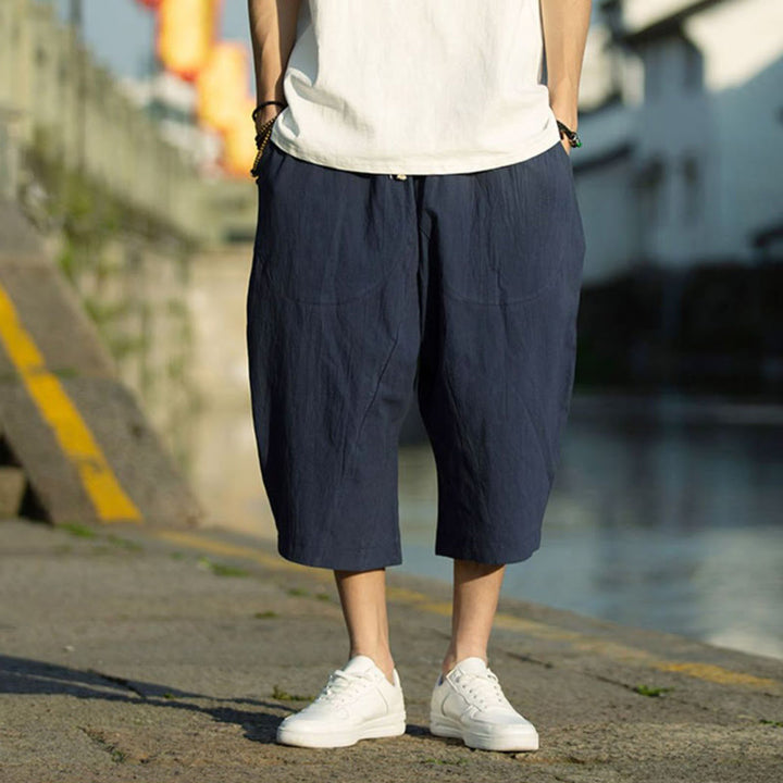 Pantalones de lino y algodón con diseño plisado de Buddha Stones para hombre, de verano, con cordón ajustable, de largo 7-8 y bolsillos - image 12