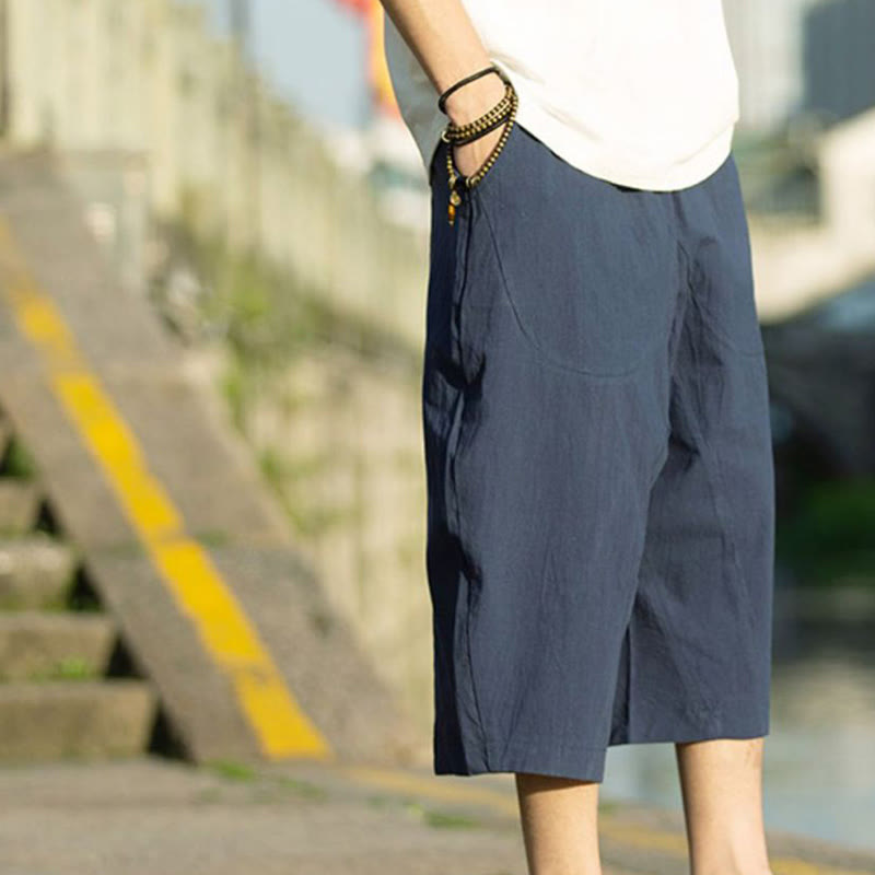 Pantalones de lino y algodón con diseño plisado de Buddha Stones para hombre, de verano, con cordón ajustable, de largo 7-8 y bolsillos - image 14