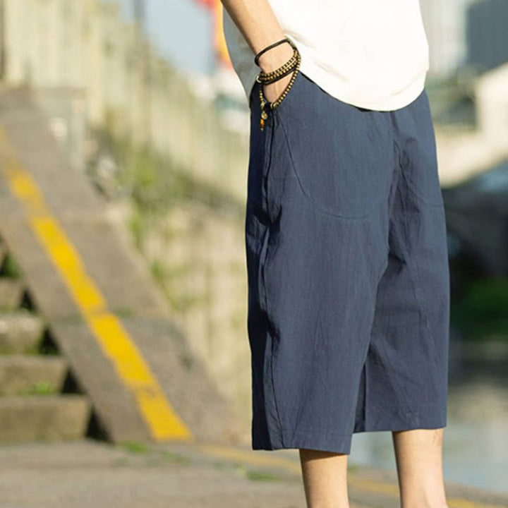 Pantalones de lino y algodón con diseño plisado de Buddha Stones para hombre, de verano, con cordón ajustable, de largo 7-8 y bolsillos - image 14