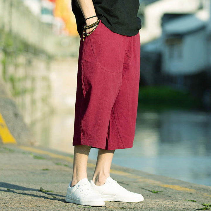 Pantalones de lino y algodón con diseño plisado de Buddha Stones para hombre, de verano, con cordón ajustable, de largo 7-8 y bolsillos - Carmesí - US/UK/AU46, EU56 (5XL) - image 19