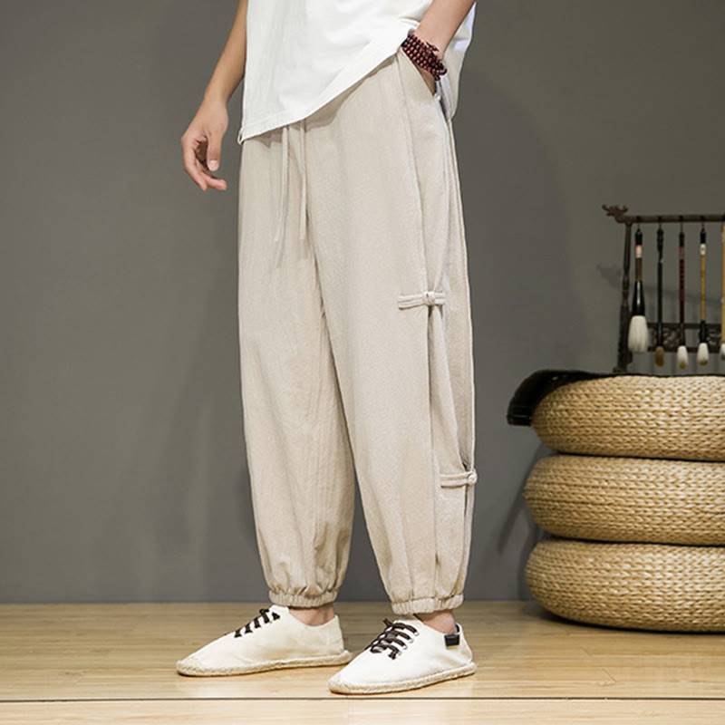 Pantalones harem de algodón y lino para hombre con diseño vintage de verano, con cordón ajustable y botones de rana chinos, estampado de Buddha Stones. - Beige - US/UK/AU46, EU56 (5XL) - image 0