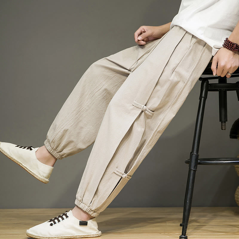 Pantalones harem de algodón y lino para hombre con diseño vintage de verano, con cordón ajustable y botones de rana chinos, estampado de Buddha Stones. - image 1