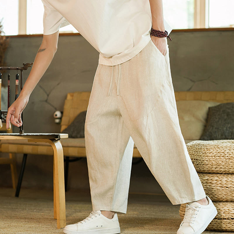 Pantalones harem para hombre con diseño sencillo, color liso y cintura elástica, estampado Buddha Stones, estilo retro, con cordón ajustable y bolsillos. - image 1