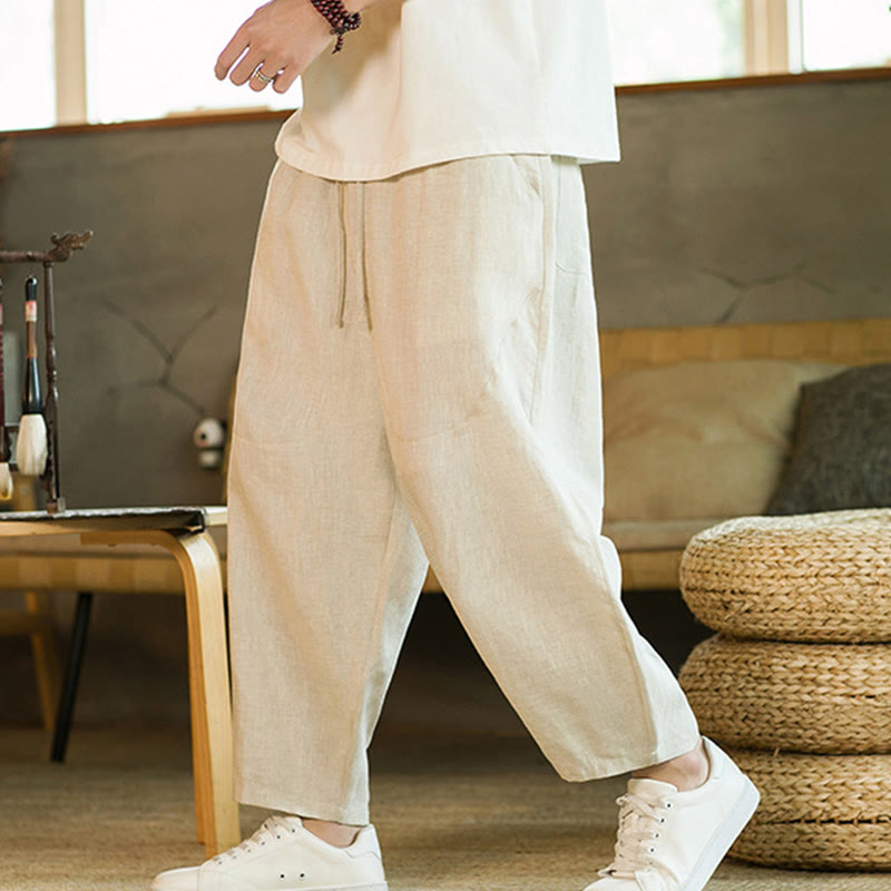 Pantalones harem para hombre con diseño sencillo, color liso y cintura elástica, estampado Buddha Stones, estilo retro, con cordón ajustable y bolsillos. - Beige - US/UK/AU46, EU56 (5XL) - image 0