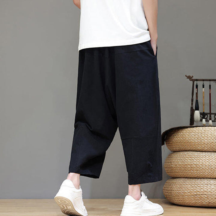 Pantalones casuales Buddha Stones de algodón con cintura elástica, pierna ancha y bolsillos, con cordón ajustable y diseño de entrepierna baja para hombre.
