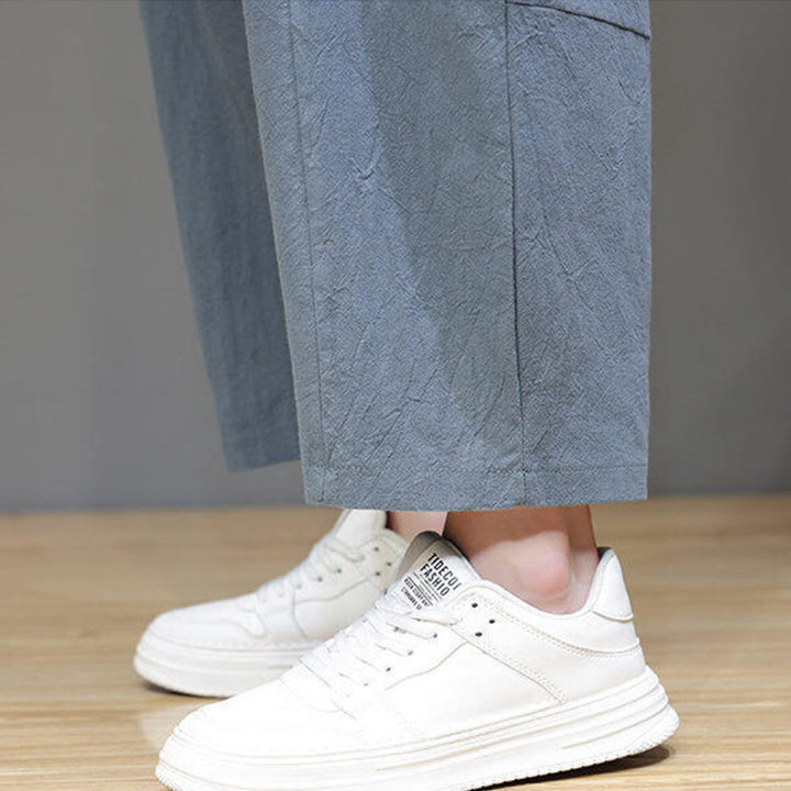 Pantalones casuales Buddha Stones de algodón con cintura elástica, pierna ancha y bolsillos, con cordón ajustable y diseño de entrepierna baja para hombre. - image 13