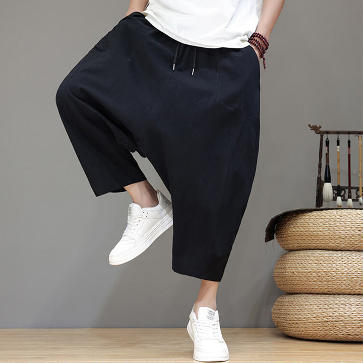 Pantalones casuales Buddha Stones de algodón con cintura elástica, pierna ancha y bolsillos, con cordón ajustable y diseño de entrepierna baja para hombre. - image 20
