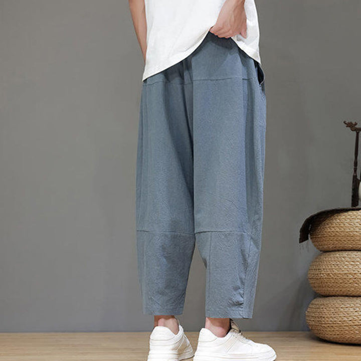 Pantalones casuales Buddha Stones de algodón con cintura elástica, pierna ancha y bolsillos, con cordón ajustable y diseño de entrepierna baja para hombre. - image 2