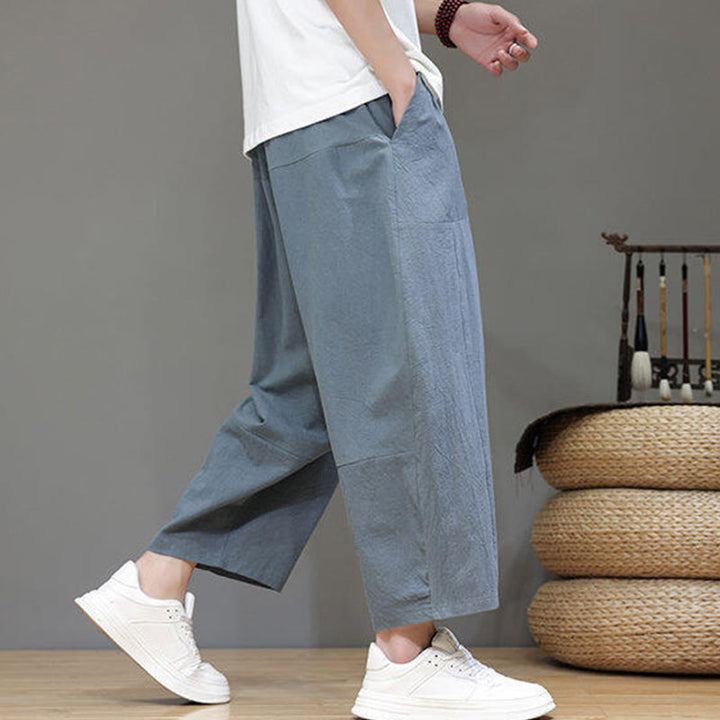 Pantalones casuales Buddha Stones de algodón con cintura elástica, pierna ancha y bolsillos, con cordón ajustable y diseño de entrepierna baja para hombre. - image 7