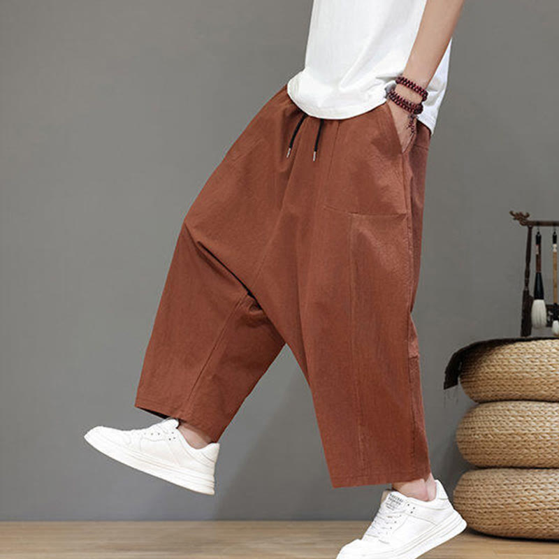 Pantalones casuales Buddha Stones de algodón con cintura elástica, pierna ancha y bolsillos, con cordón ajustable y diseño de entrepierna baja para hombre.