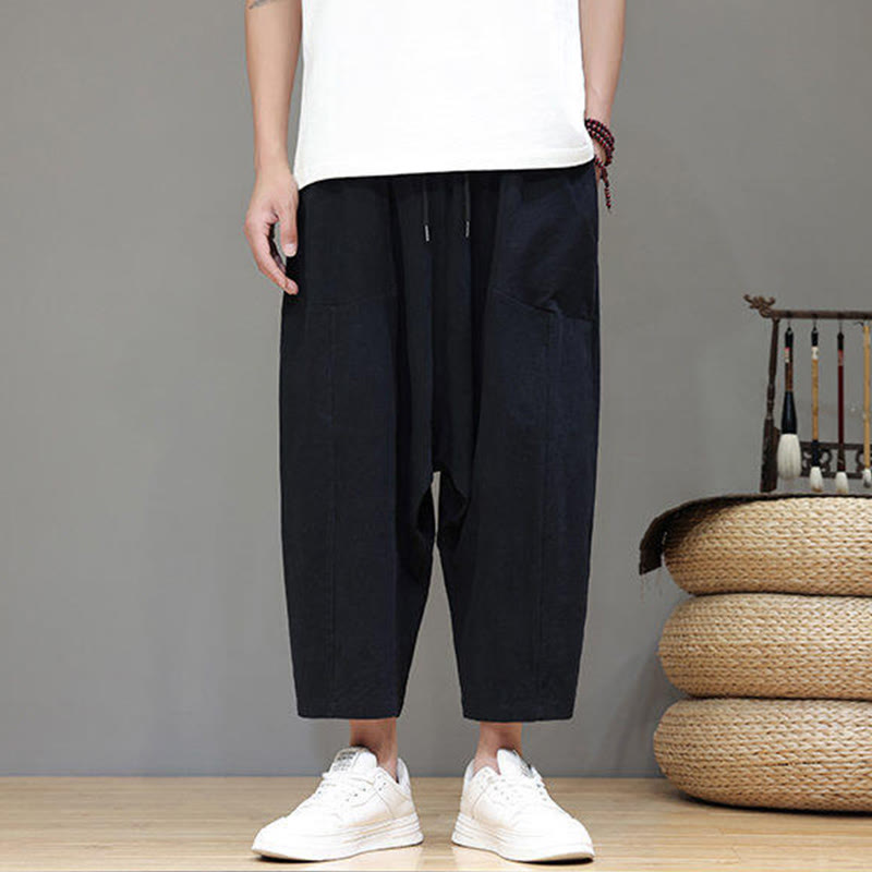 Pantalones casuales Buddha Stones de algodón con cintura elástica, pierna ancha y bolsillos, con cordón ajustable y diseño de entrepierna baja para hombre.