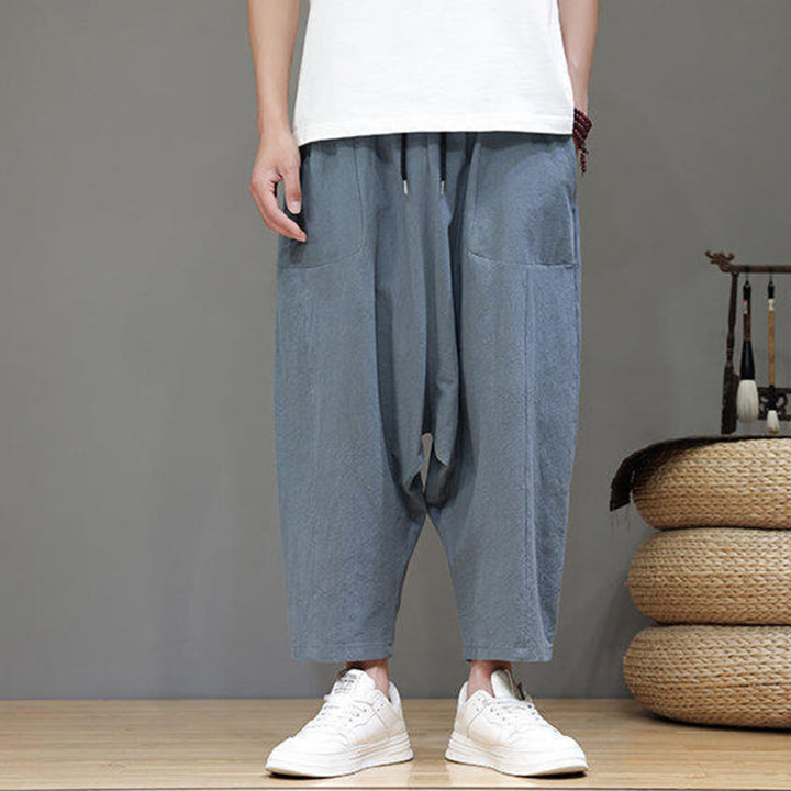 Pantalones casuales Buddha Stones de algodón con cintura elástica, pierna ancha y bolsillos, con cordón ajustable y diseño de entrepierna baja para hombre. - image 3