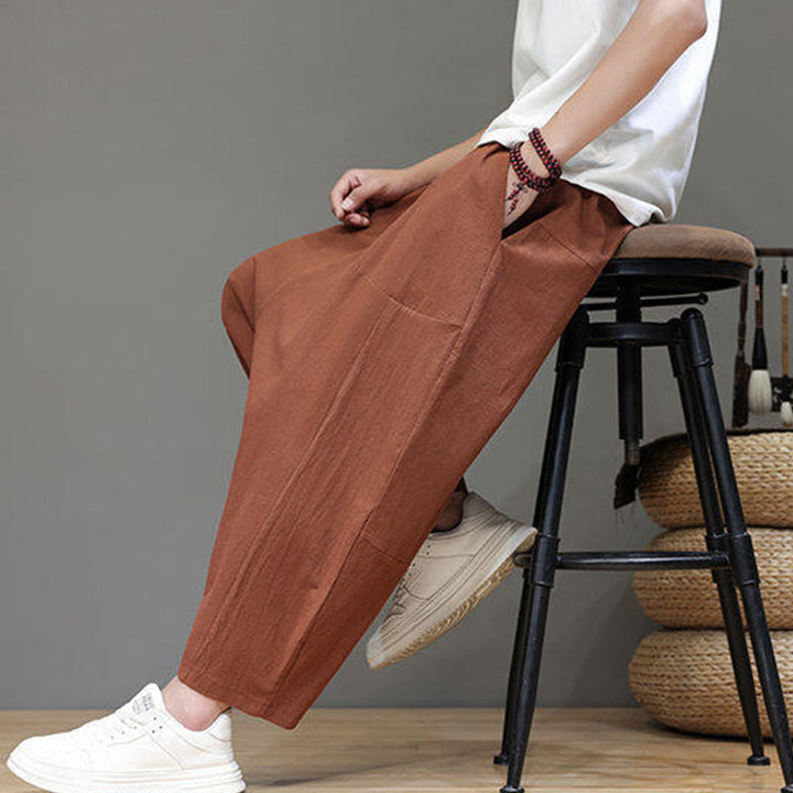 Pantalones casuales Buddha Stones de algodón con cintura elástica, pierna ancha y bolsillos, con cordón ajustable y diseño de entrepierna baja para hombre. - image 29