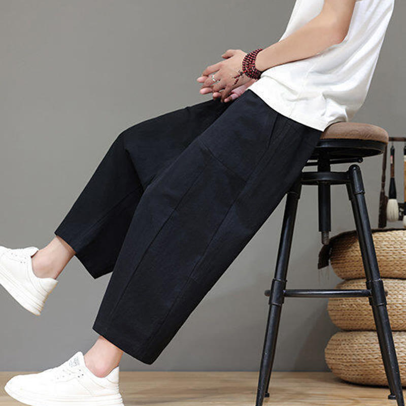 Pantalones casuales Buddha Stones de algodón con cintura elástica, pierna ancha y bolsillos, con cordón ajustable y diseño de entrepierna baja para hombre.