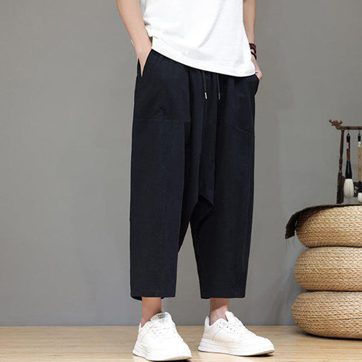 Pantalones casuales Buddha Stones de algodón con cintura elástica, pierna ancha y bolsillos, con cordón ajustable y diseño de entrepierna baja para hombre. - image 16
