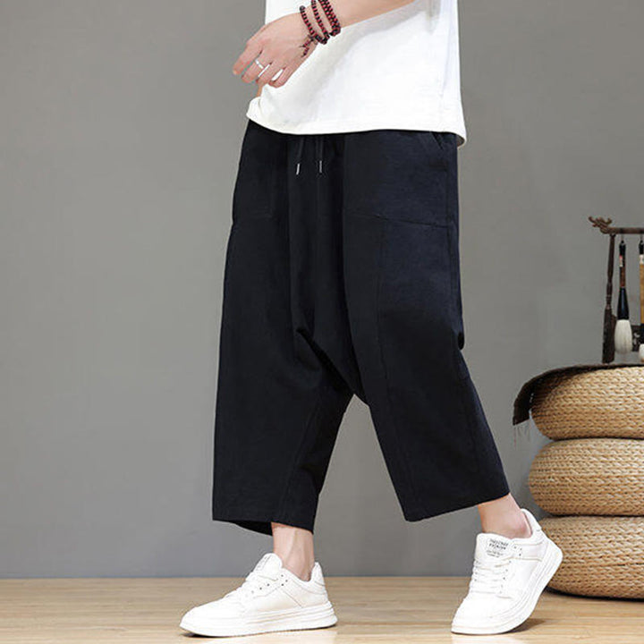 Pantalones casuales Buddha Stones de algodón con cintura elástica, pierna ancha y bolsillos, con cordón ajustable y diseño de entrepierna baja para hombre. - image 15