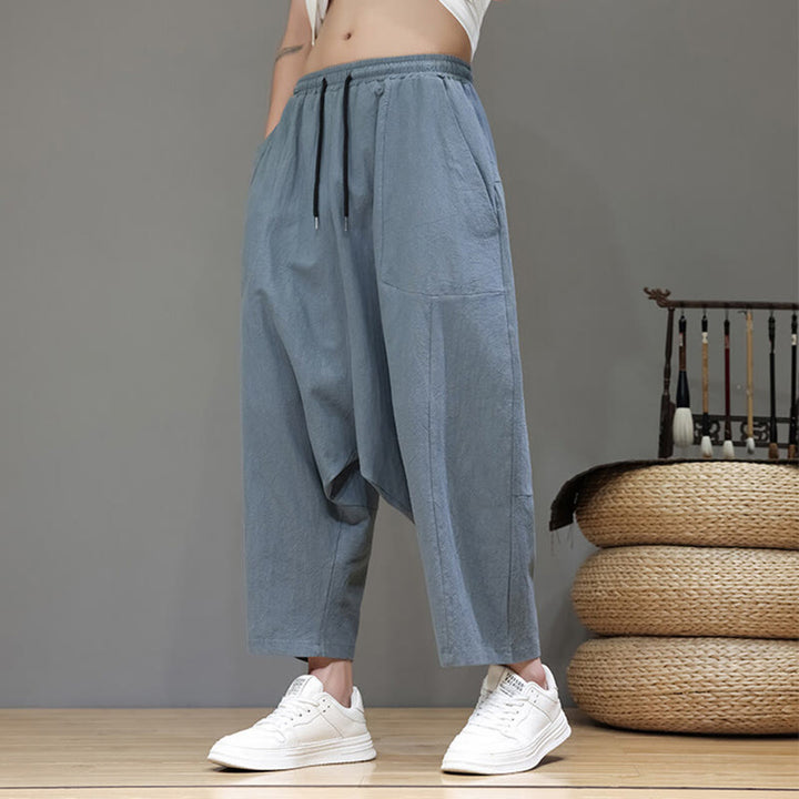 Pantalones casuales Buddha Stones de algodón con cintura elástica, pierna ancha y bolsillos, con cordón ajustable y diseño de entrepierna baja para hombre. - image 8