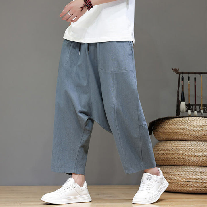 Pantalones casuales Buddha Stones de algodón con cintura elástica, pierna ancha y bolsillos, con cordón ajustable y diseño de entrepierna baja para hombre. - image 4