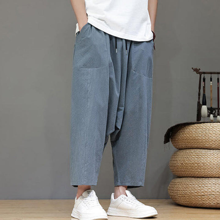 Pantalones casuales Buddha Stones de algodón con cintura elástica, pierna ancha y bolsillos, con cordón ajustable y diseño de entrepierna baja para hombre. - image 1