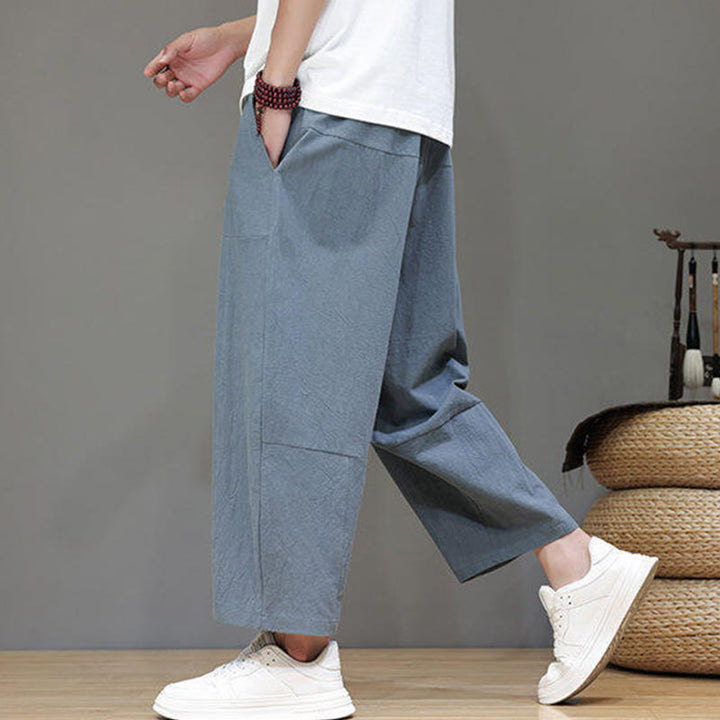 Pantalones casuales Buddha Stones de algodón con cintura elástica, pierna ancha y bolsillos, con cordón ajustable y diseño de entrepierna baja para hombre. - image 6