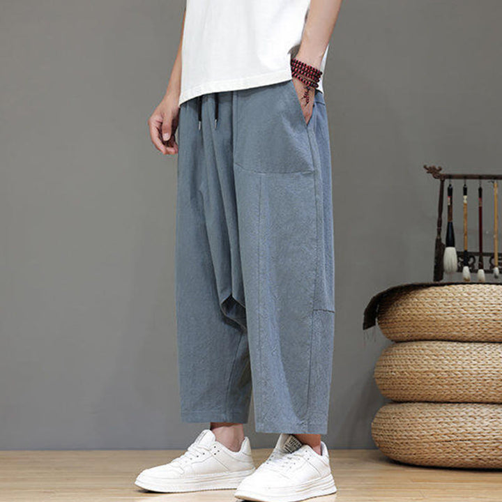 Pantalones casuales Buddha Stones de algodón con cintura elástica, pierna ancha y bolsillos, con cordón ajustable y diseño de entrepierna baja para hombre. - image 5