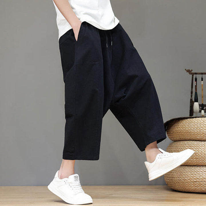 Pantalones casuales Buddha Stones de algodón con cintura elástica, pierna ancha y bolsillos, con cordón ajustable y diseño de entrepierna baja para hombre. - image 19
