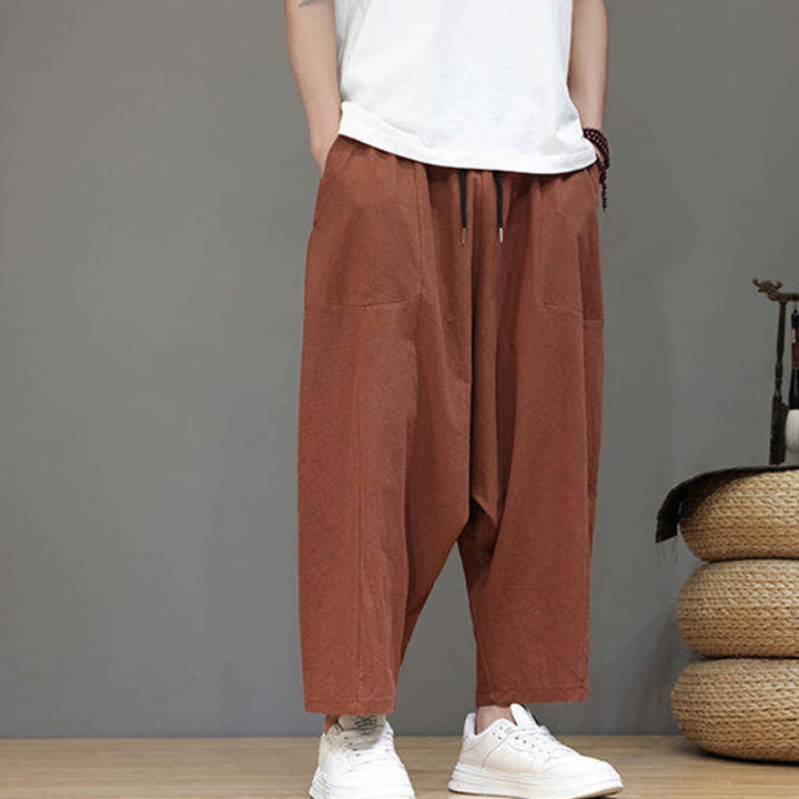 Pantalones casuales Buddha Stones de algodón con cintura elástica, pierna ancha y bolsillos, con cordón ajustable y diseño de entrepierna baja para hombre. - image 24