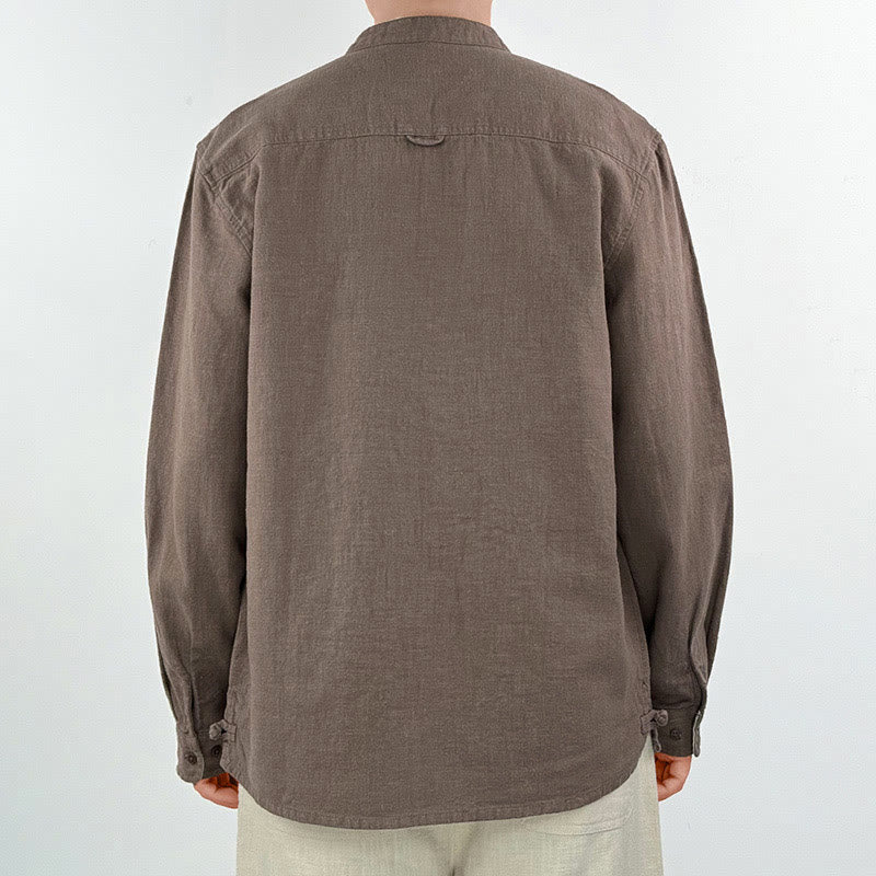 Camisa informal de lino y algodón con bolsillos para hombre, de color liso y ramio , con Buddha Stones