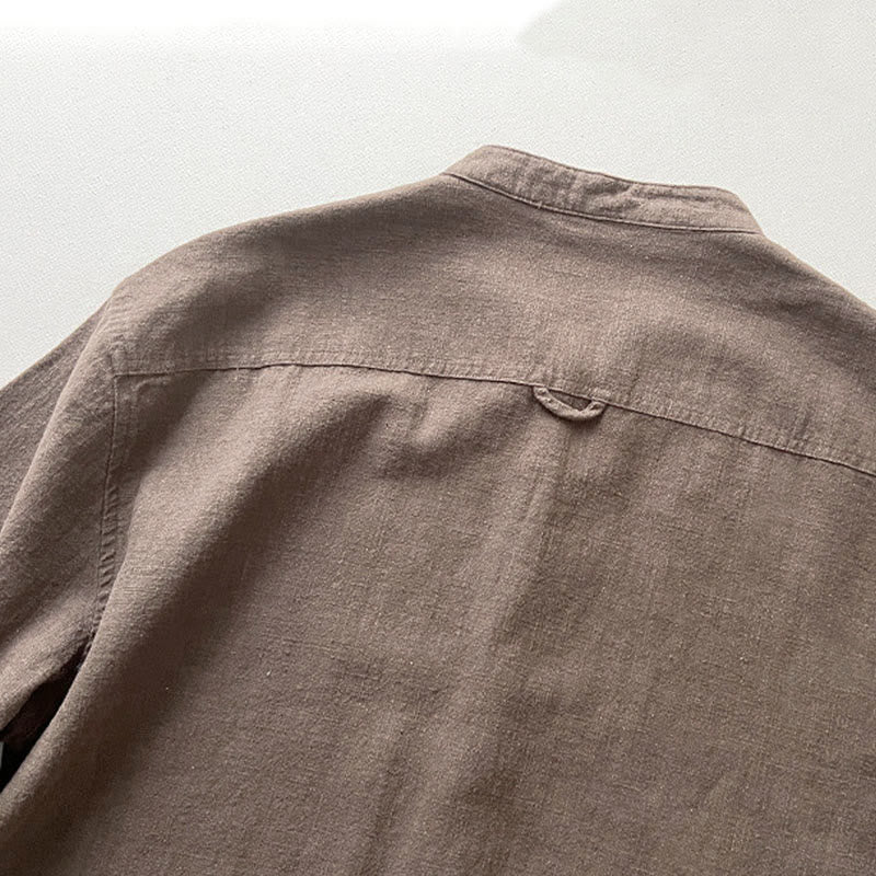 Camisa informal de lino y algodón con bolsillos para hombre, de color liso y ramio , con Buddha Stones