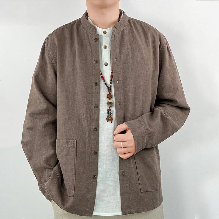 Camisa informal de lino y algodón con bolsillos para hombre, de color liso y ramio , con Buddha Stones