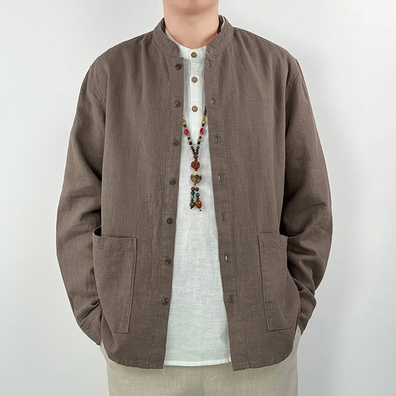 Camisa informal de lino y algodón con bolsillos para hombre, de color liso y ramio , con Buddha Stones - SaddleBrown - US/UK/AU42, EU52 (3XL) - image 8