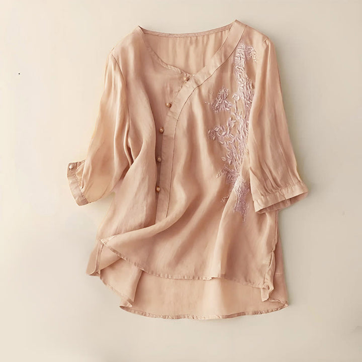 Camisa informal de manga corta con bordado de flores y botones de rana para mujer con Buddha Stones - Vara de oro - US14, UK/AU18, EU46 (4XL) - image 6