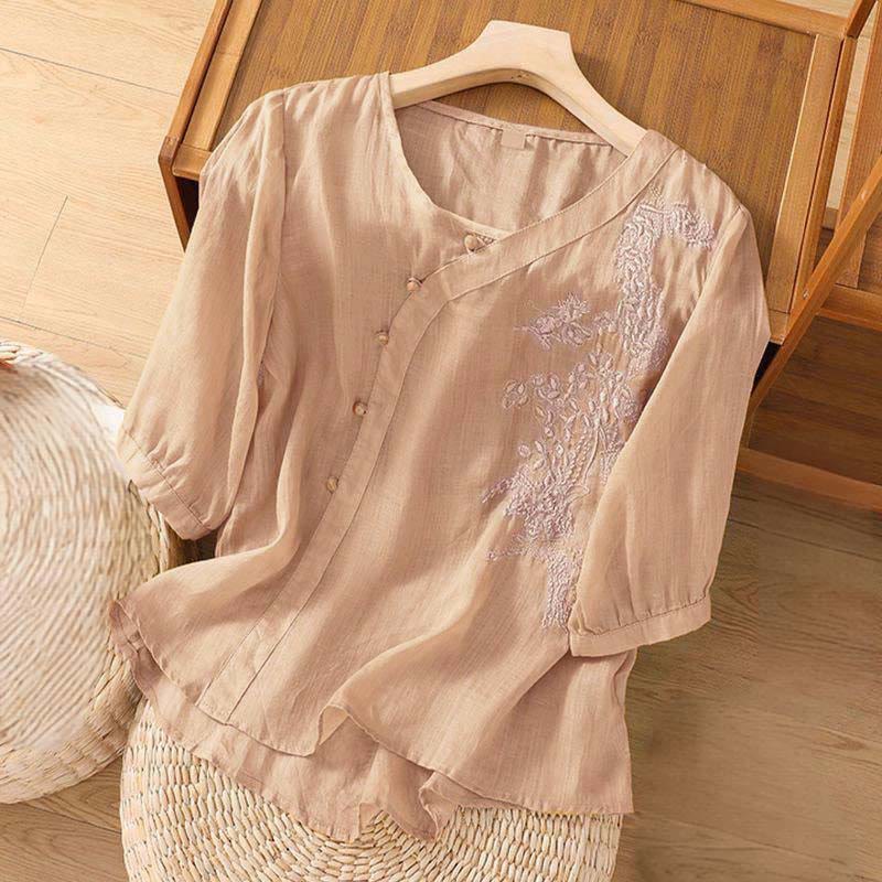 Camisa informal de manga corta con bordado de flores y botones de rana para mujer con Buddha Stones - image 7