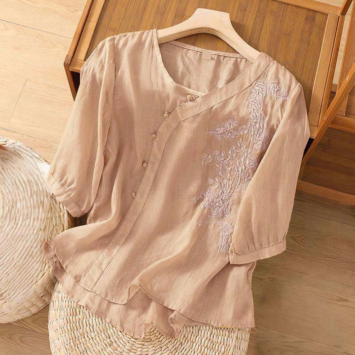 Camisa informal de manga corta con bordado de flores y botones de rana para mujer con Buddha Stones - image 7