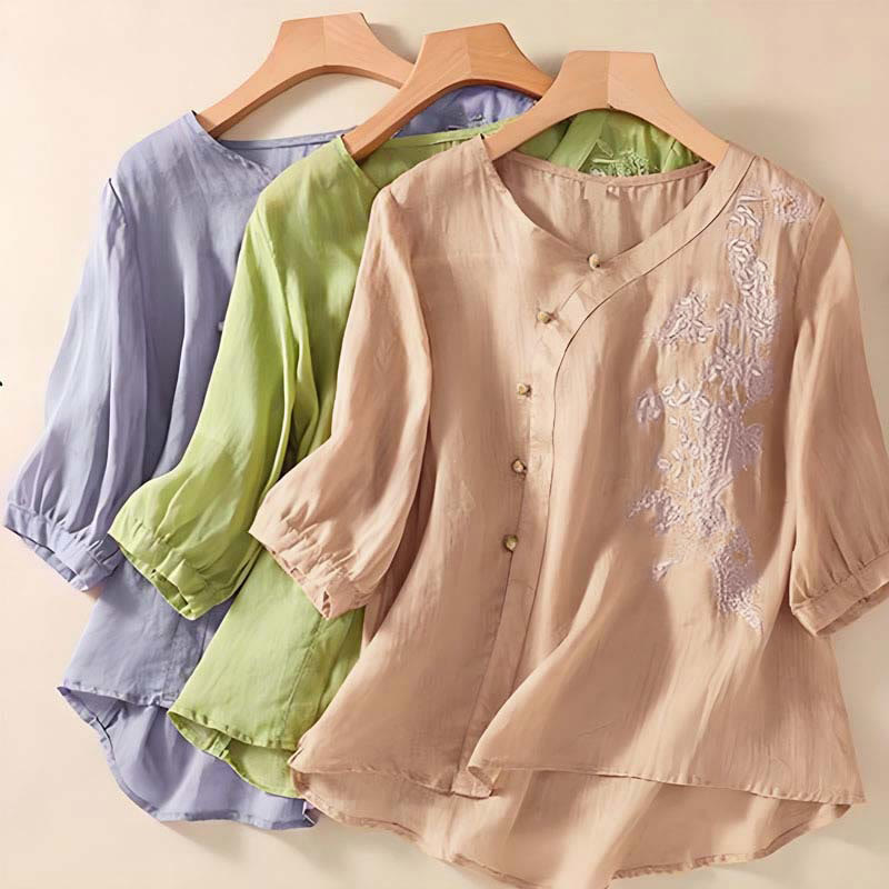 Camisa informal de manga corta con bordado de flores y botones de rana para mujer con Buddha Stones - image 8