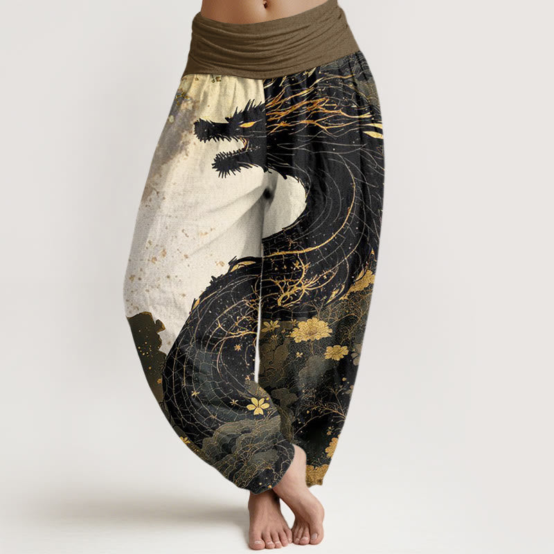 Pantalones harén de cintura elástica para mujer con estampado de dragón y árbol antiguo y piedras de Buddha Stones - Negro - US22，UK/AU26，EU54 (6XL) - image 0