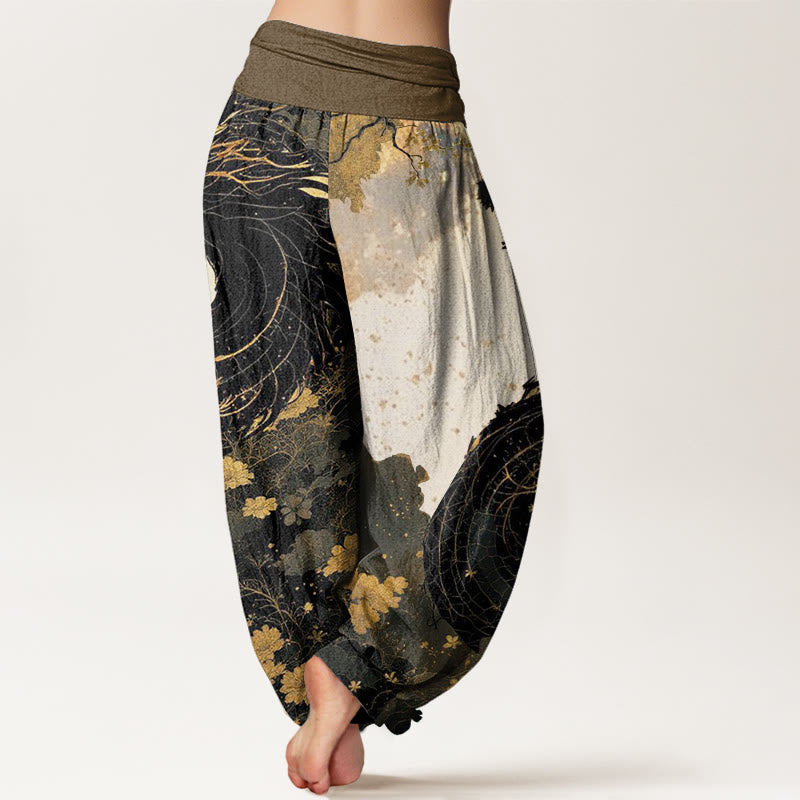 Pantalones bombachos de cintura elástica para mujer con estampado informal de piedras de Buddha Stones, dragón y árbol antiguo, de algodón. - image 2