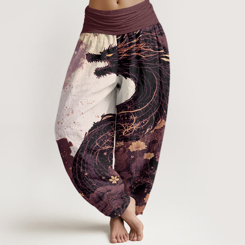 Pantalones bombachos de cintura elástica para mujer con estampado informal de piedras de Buddha Stones, dragón y árbol antiguo, de algodón. - Marrón rosado - US22，UK/AU26，EU54 (6XL) - image 4