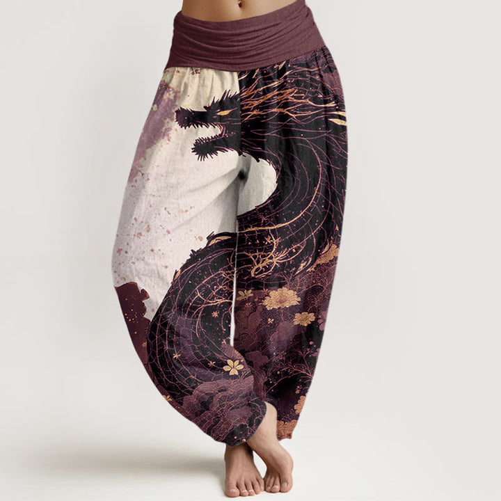 Pantalones bombachos de cintura elástica para mujer con estampado informal de piedras de Buddha Stones, dragón y árbol antiguo, de algodón. - Marrón rosado - US22，UK/AU26，EU54 (6XL) - image 4