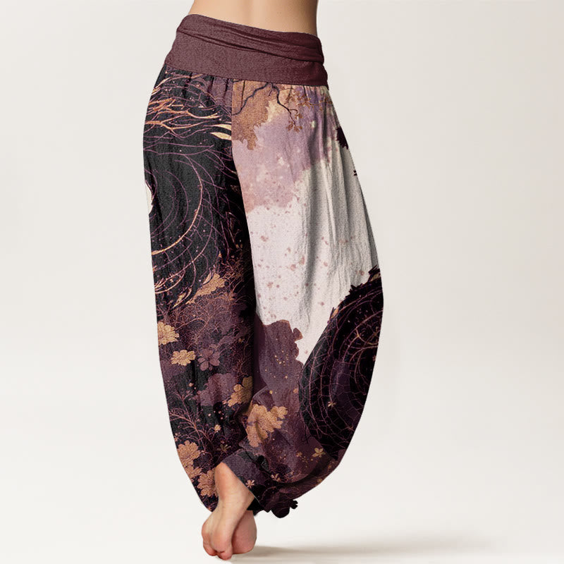 Pantalones bombachos de cintura elástica para mujer con estampado informal de piedras de Buddha Stones, dragón y árbol antiguo, de algodón. - image 6