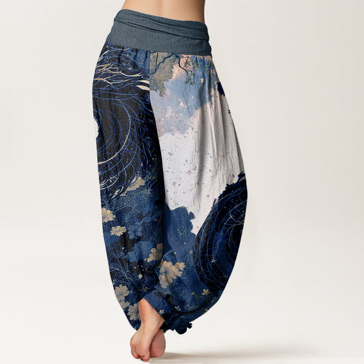 Pantalones bombachos de cintura elástica para mujer con estampado informal de piedras de Buddha Stones, dragón y árbol antiguo, de algodón. - image 9