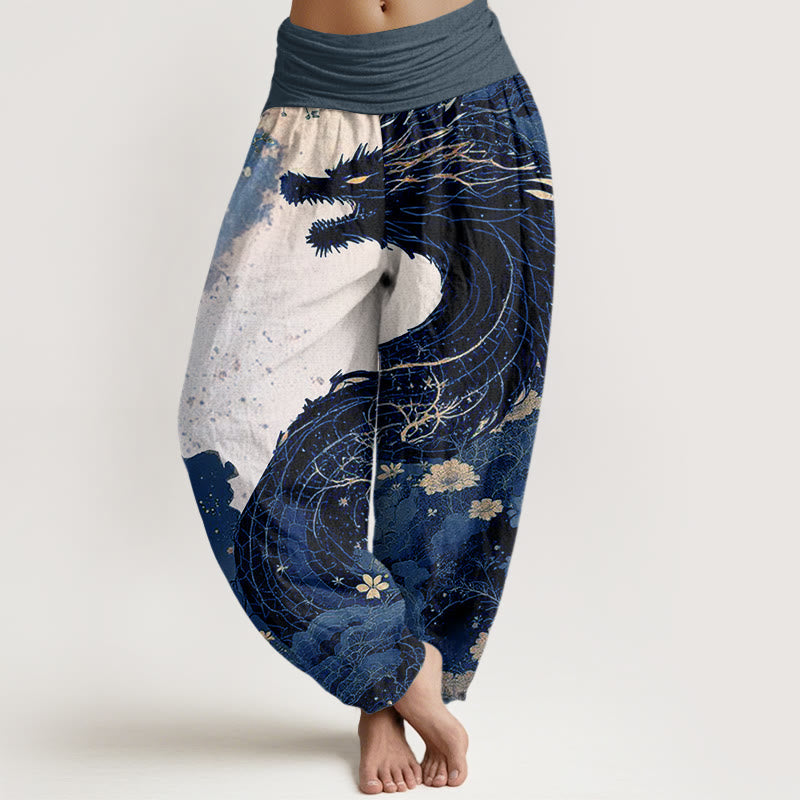 Pantalones harén de cintura elástica para mujer con estampado de dragón y árbol antiguo y piedras de Buddha Stones - Azul acero - US22，UK/AU26，EU54 (6XL) - image 7
