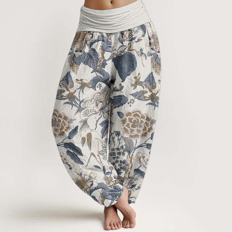 Pantalones Buddha Stones de algodón puro con estampado de peonías y hojas de loto para mujer, cintura elástica - Marfil - US22，UK/AU26，EU54 (6XL) - image 0