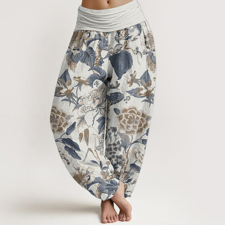 Pantalones Buddha Stones de algodón puro con estampado de peonías y hojas de loto para mujer, cintura elástica - Marfil - US22，UK/AU26，EU54 (6XL) - image 0
