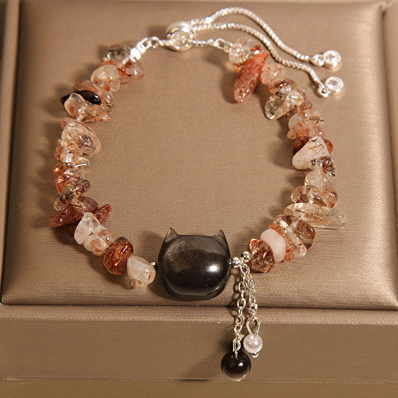 Pulsera relajante con cabeza de gato de piedra de grava de ágata de cristal rosa natural de Buddha Stones - Cristal de ágata (circunferencia de la muñeca: 14-16 cm) - image 5