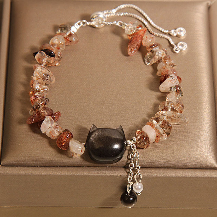 Pulsera relajante con cabeza de gato de piedra de grava de ágata de cristal rosa natural de Buddha Stones - Cristal de ágata (circunferencia de la muñeca: 14-16 cm) - image 5