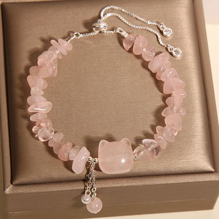 Pulsera relajante con cabeza de gato de piedra de grava de ágata de cristal rosa natural de Buddha Stones - image 3