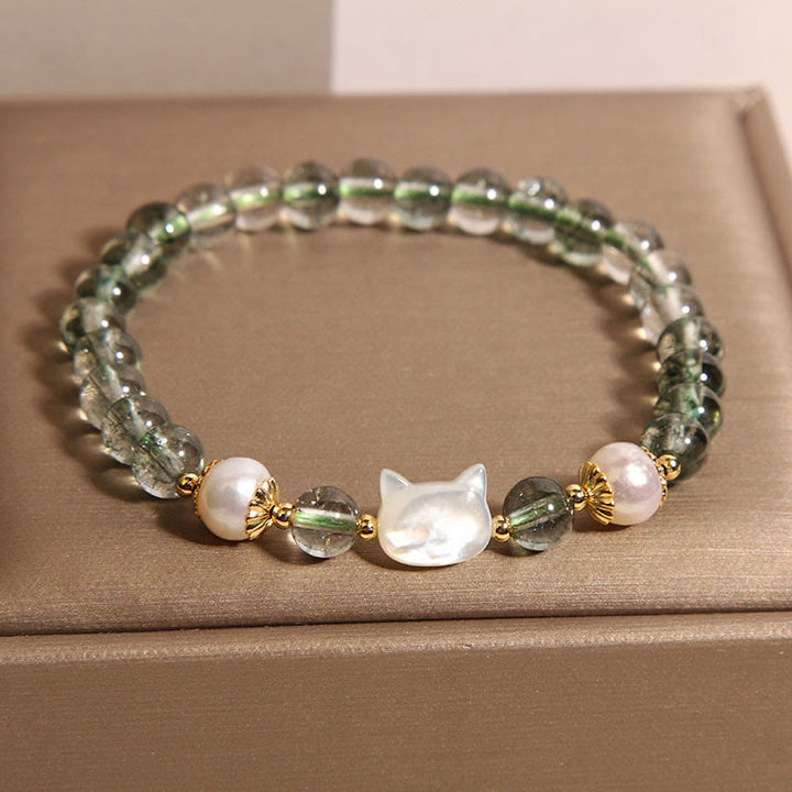 Pulsera de la suerte con cabeza de gato y concha de perla fantasma verde natural de Buddha Stones - image 5
