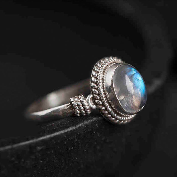Anillo de piedra lunar natural de plata de ley 925 con Buddha Stones